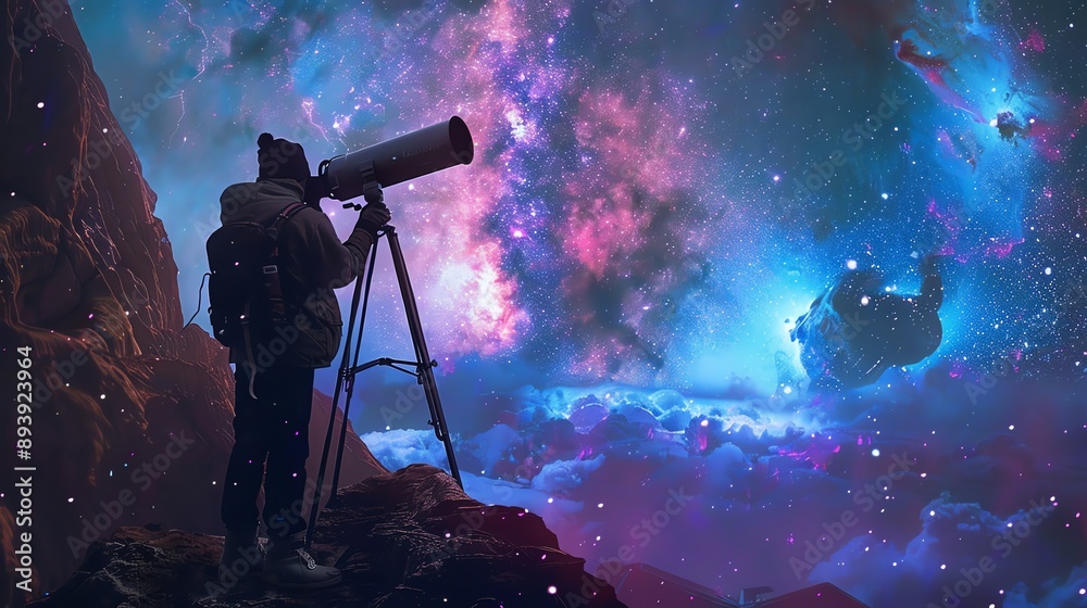 A man standing on a mountaintop looking at the stars through a telescope. The sky is full of stars and the Milky Way is clearly visible. A man standing on a mountaintop looking at the stars through a telescope. The sky is full of stars and the Milky Way is clearly visible.