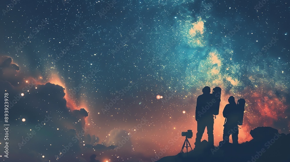 The image is a beautiful landscape of a starry night sky. Two people are standing on a hilltop, looking up at the stars. The image is a beautiful landscape of a starry night sky. Two people are standing on a hilltop, looking up at the stars.
