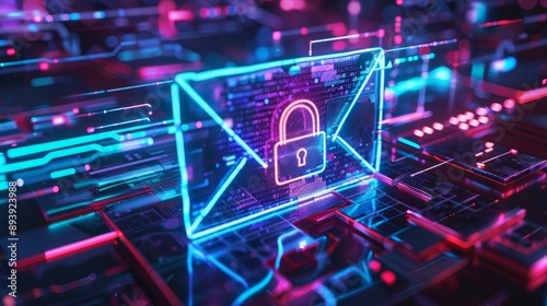 Neon lit cyber security concept  encrypted email symbolized by padlock on digital network