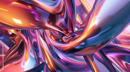 Abstract iridescent ribbons in hues of purple, blue, and orange intertwine and twist against a light pink background