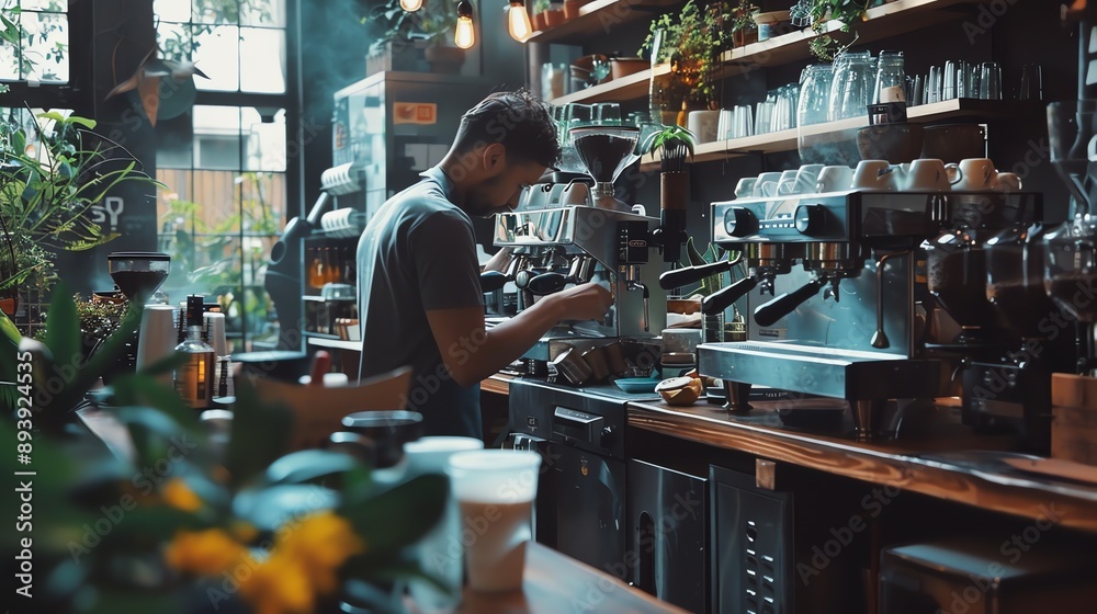 Barista making coffee in a cafe. Small business owner working at his coffee shop. Barista making coffee in a cafe. Small business owner working at his coffee shop.