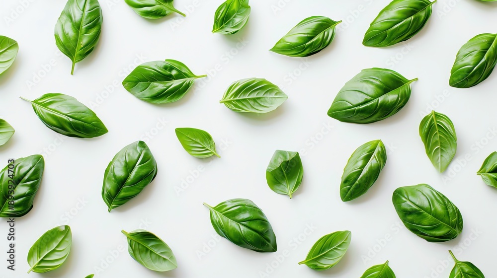 Green basil leaves on a white background. Seamless pattern. Green basil leaves on a white background. Seamless pattern.