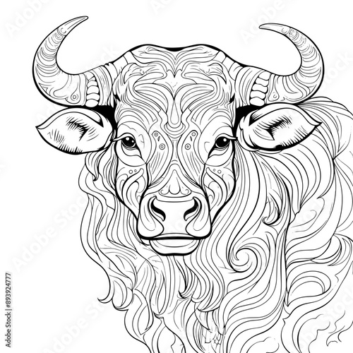 Pencil drawn bull head silhouette, black and white art, sketch, ornament