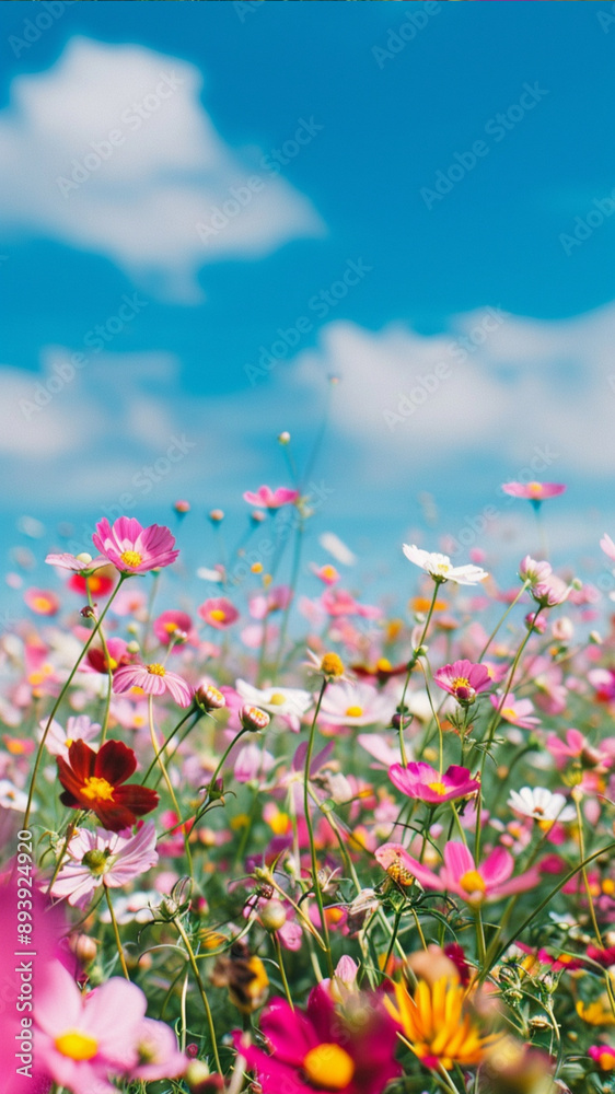 vast field of colorful flowers under a bright blue sky. Vibrant flower field swaying gently in the breeze. vast field of colorful flowers under a bright blue sky. Vibrant flower field swaying gently in the breeze.