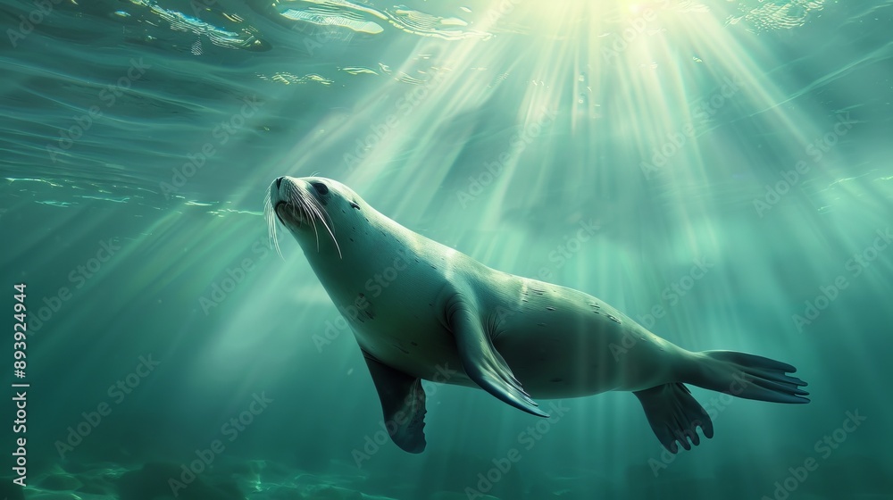 Obraz premium An enchanting view of a seal illuminated by sunrays as it swims through the clear water, showcasing the splendor of marine life and the tranquil environment of the underwater world.