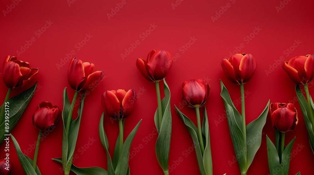 Fototapeta premium Red tulips on a red background. The tulips are arranged in a row with their stems facing left.