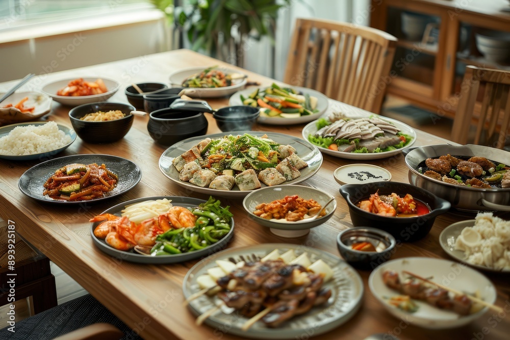 Korean foods served on a dining table. Perfect for photo illustration, article, or any cooking contents - generative ai Korean foods served on a dining table. Perfect for photo illustration, article, or any cooking contents - generative ai