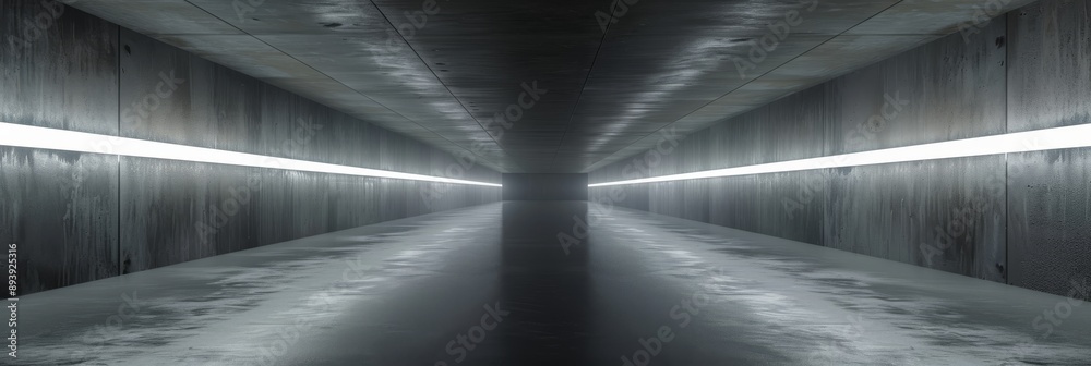 Obraz premium Dark concrete underground tunnel corridor illuminated by white LED lights This empty 3D rendering