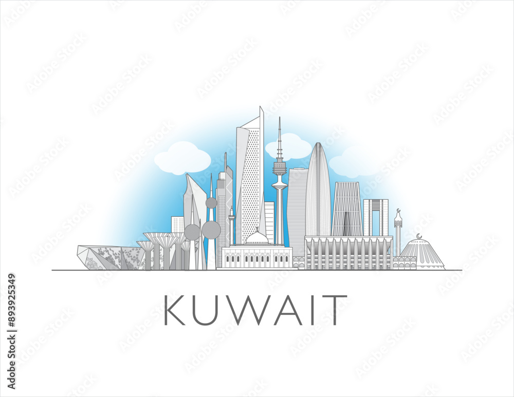 Fototapeta premium Kuwait skyline cityscape line art style vector illustration