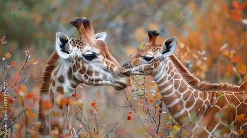 A vivid autumn forest sets the scene for a giraffe mother and her baby sharing a loving kiss, emphasizing the powerful bond between them in this beautiful wildlife imagery.