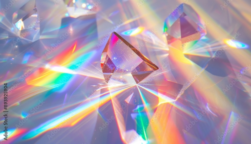 Prism of rainbow light emitting a holographic beam with shadow overlays crystal flares Prism of rainbow light emitting a holographic beam with shadow overlays crystal flares