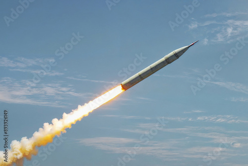 A large military ballistic rockets are take off in the blue sky. War concept photo