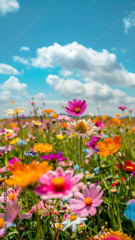 vast field of colorful flowers under a bright blue sky. Vibrant flower field swaying gently in the breeze. vast field of colorful flowers under a bright blue sky. Vibrant flower field swaying gently in the breeze.