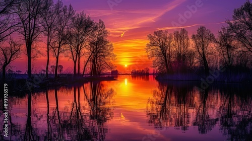 A vibrant sunset reflecting on a still body of water surrounded by trees