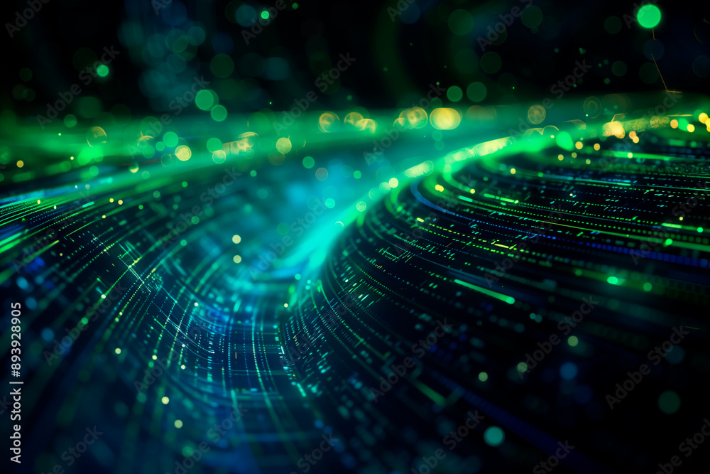 Dynamic digital data flow with green and blue lights. Dynamic digital data flow with green and blue lights.