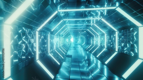 A futuristic tunnel with bright blue glowing hexagonal tiles on the walls