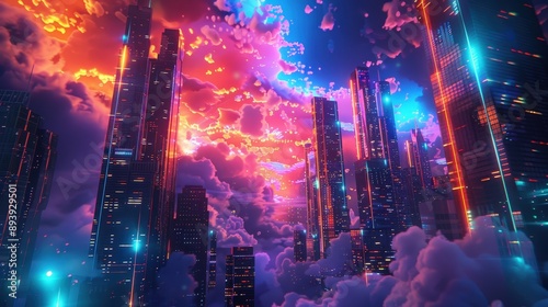 A digital rendering of a futuristic cityscape with tall buildings illuminated by neon lights, against a background of bright, colorful clouds