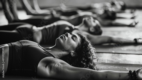 A group of women participating in a yoga class, with the image presented in black and white. photo