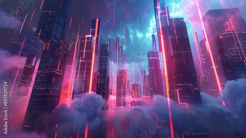 A digitally rendered futuristic cityscape with tall buildings illuminated by neon lights, surrounded by clouds