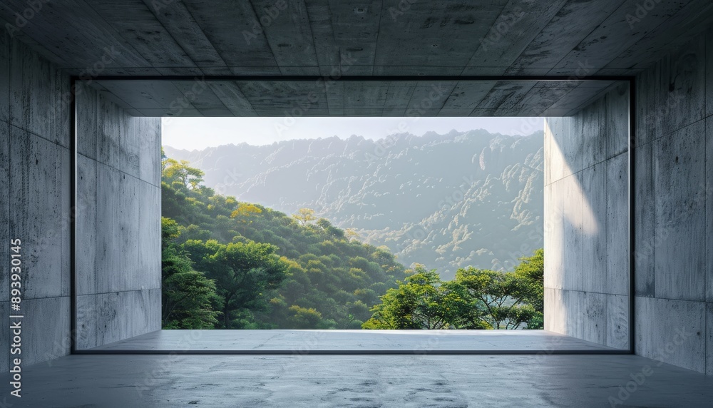 Empty concrete room with a large window opening a picturesque nature background Empty concrete room with a large window opening a picturesque nature background