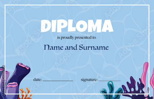 Designed diploma with an ocean theme. Includes coral decorations on a blue background, with space for personal details. Perfect for schools, events, and ocean-themed recognitions