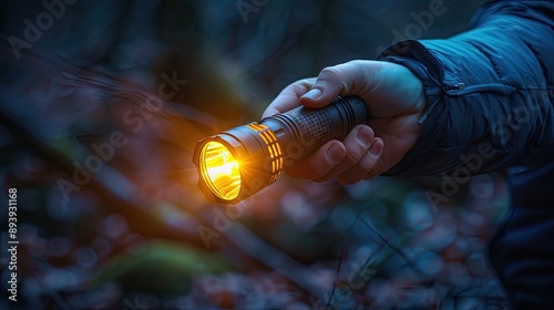 A person holding a bright flashlight in a dark forest, providing light and guidance in a nighttime outdoor setting