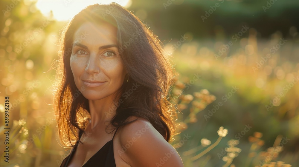 The image features a woman standing in an open field during sunset. She is smiling and appears to be enjoying the warm, golden light of the setting sun. The image features a woman standing in an open field during sunset. She is smiling and appears to be enjoying the warm, golden light of the setting sun.