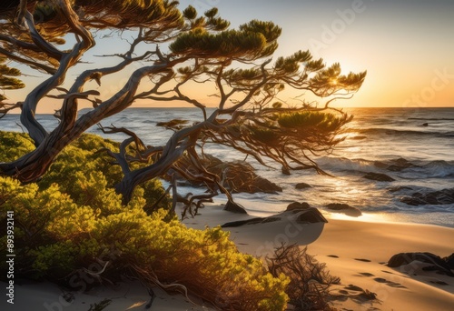 windswept coastal bending beauty along coastline, trees, bent, foliage, ocean, scenic, landscape, seaside, plants, curved, shoreline, picturesque, breezy
