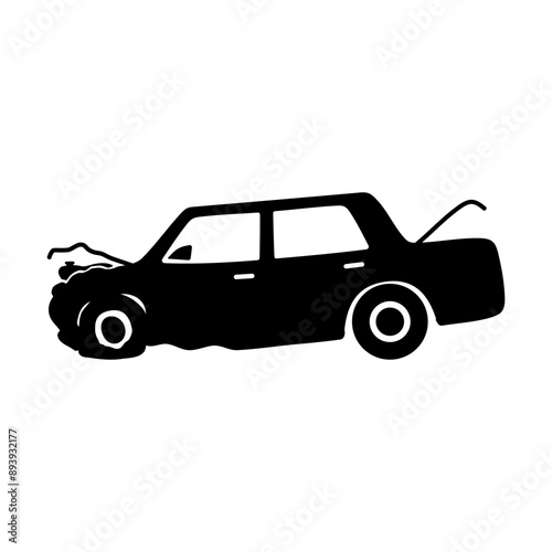 Damaged car icon. Accident. Black silhouette. Side view. Vector simple flat graphic illustration. Isolated object on a white background. Isolate.