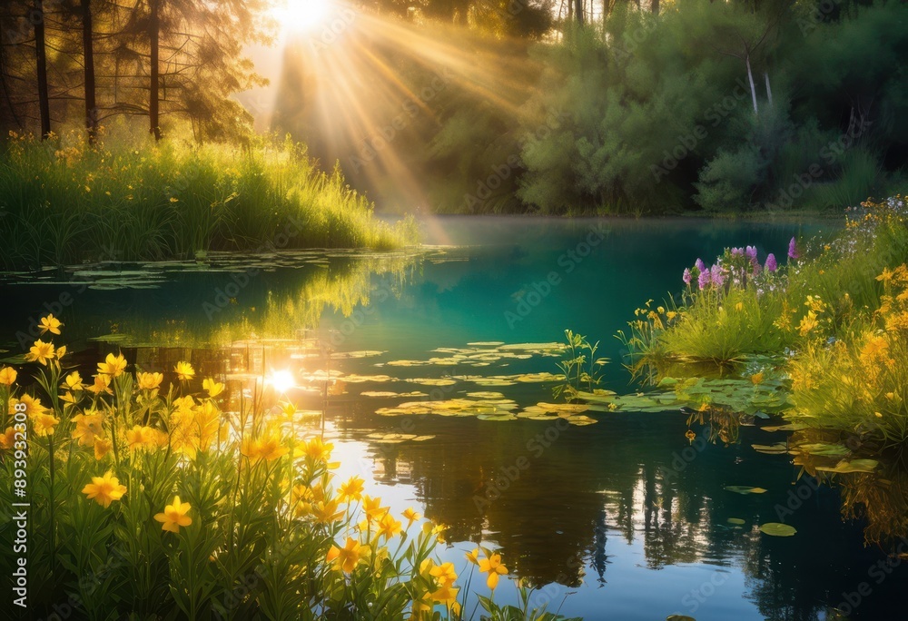 Fototapeta premium glistening lake reflecting morning sunlight, water, reflection, serene, peaceful, tranquil, shimmering, nature, beauty, landscape, outdoor, calm, dawn