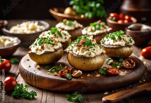 delicious savory stuffed mushrooms filled flavorful ingredients irresistible appetizer experience, cheese, herbs, garlic, onion, breadcrumbs, spices, olive © Yaraslava