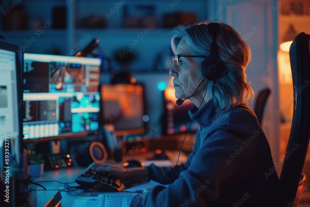 Dedicated middle-aged woman engaged in online learning, with modern tech and interior Dedicated middle-aged woman engaged in online learning, with modern tech and interior