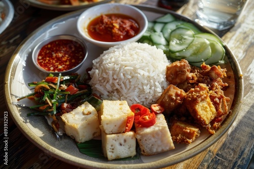 Rice with shredded fried chicken, tempeh, tofu, cucumber salad and chili sauce. Indonesian food - generative ai