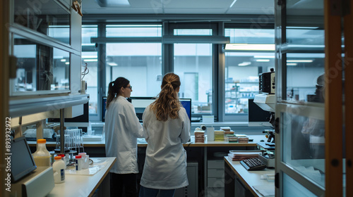 Two women in lab coats are standing in front of a computer monitor