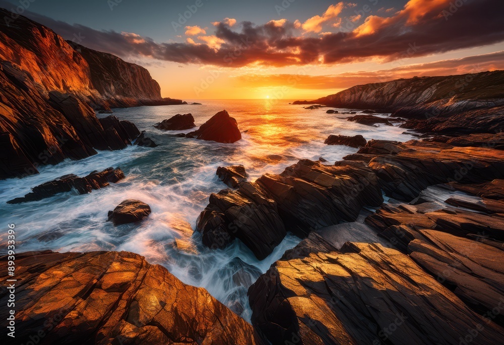 dramatic sunset glow rough shoreline rocky cliffs sea view, light, nature, landscape, ocean, horizon, scenic, beauty, environment, atmosphere, picturesque dramatic sunset glow rough shoreline rocky cliffs sea view, light, nature, landscape, ocean, horizon, scenic, beauty, environment, atmosphere, picturesque
