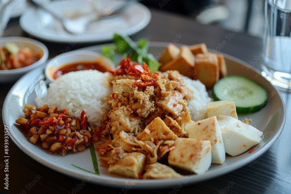 Rice with shredded fried chicken, tempeh, tofu, cucumber salad and chili sauce. Indonesian food - generative ai Rice with shredded fried chicken, tempeh, tofu, cucumber salad and chili sauce. Indonesian food - generative ai