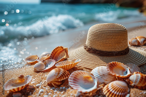 Seaside Morning Tranquility with Seashells and Hat