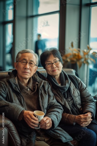 Wallpaper Mural Elderly Asian couple sits on brown leather couch in airport lounge, enjoying coffee, companionship amidst noisy surroundings. Man wears black jacket, holds cup, woman wraps in gray scarf, cradles Torontodigital.ca