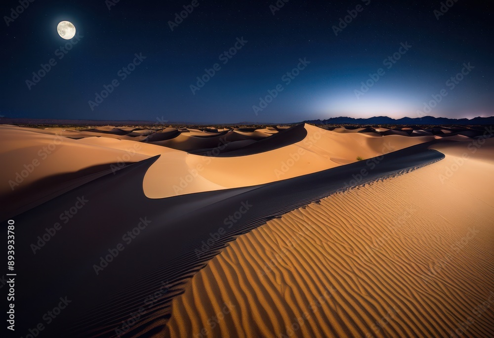 Naklejka premium moonlit desert dunes shadows, moonlight, rolling, sand, night, landscape, illuminated, serene, tranquil, nature, majestic, beauty, scenic, sky, peaceful