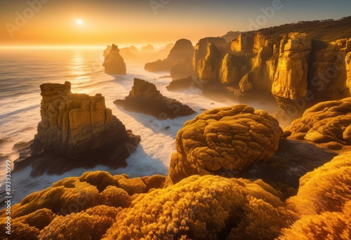 majestic ancient coastal rock formations towering over horizon, cliff, stone, massive, ocean, landscape, grand, imposing, scenic, tall, sea, view, shore photo