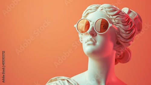 White plaster statue wearing sunglasses posing on orange background with trendy lights, blending classic art and modern fashion