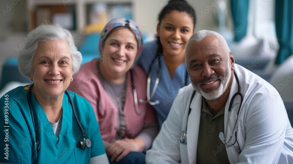 Diverse team of medical professionals smiling in hospital room, showcasing teamwork and patient care Diverse team of medical professionals smiling in hospital room, showcasing teamwork and patient care