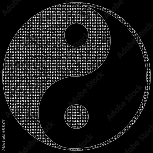 A yin-yang symbol in black and silver. Black yin and yang background with silver glitter. Yin and yang.
