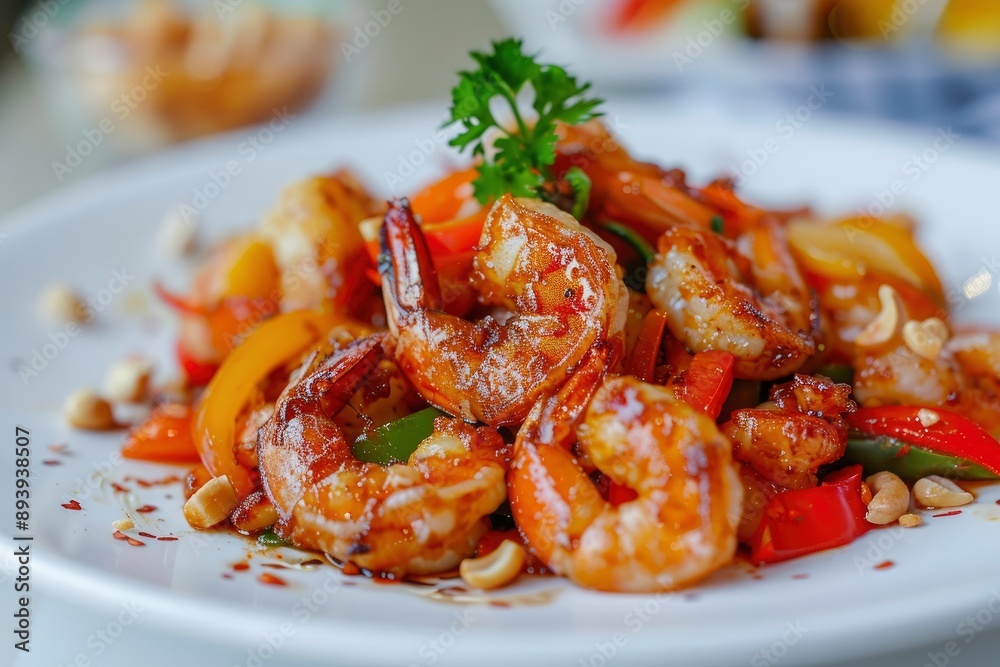 Stir fried crispy shrimp with cashew nuts and sweet pepper in white plate.Thai food not spicy - generative ai Stir fried crispy shrimp with cashew nuts and sweet pepper in white plate.Thai food not spicy - generative ai