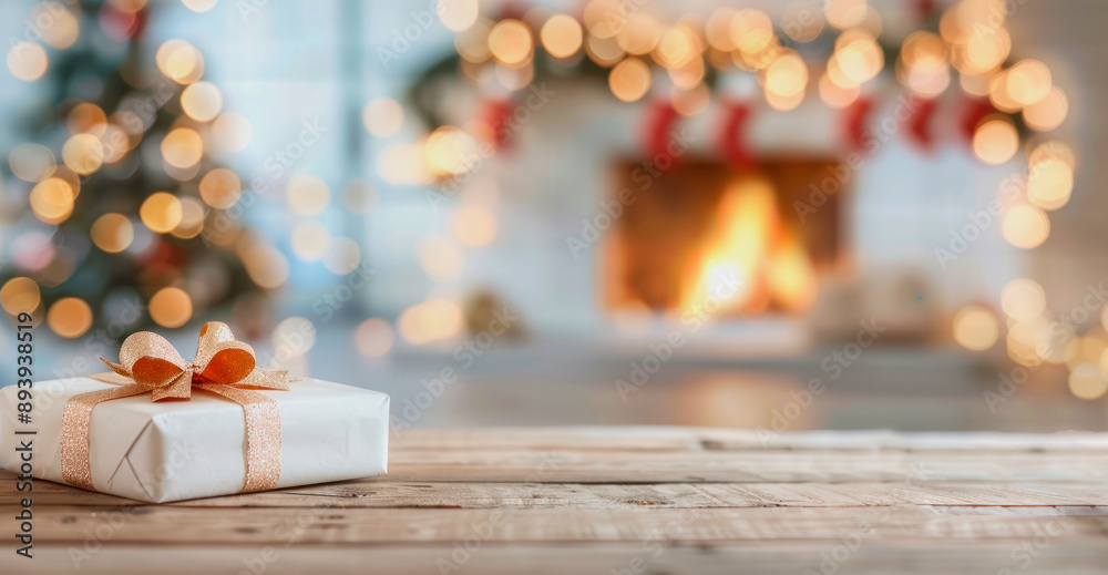 christmas present on a wooden table in front of blurred christmas decorated interior