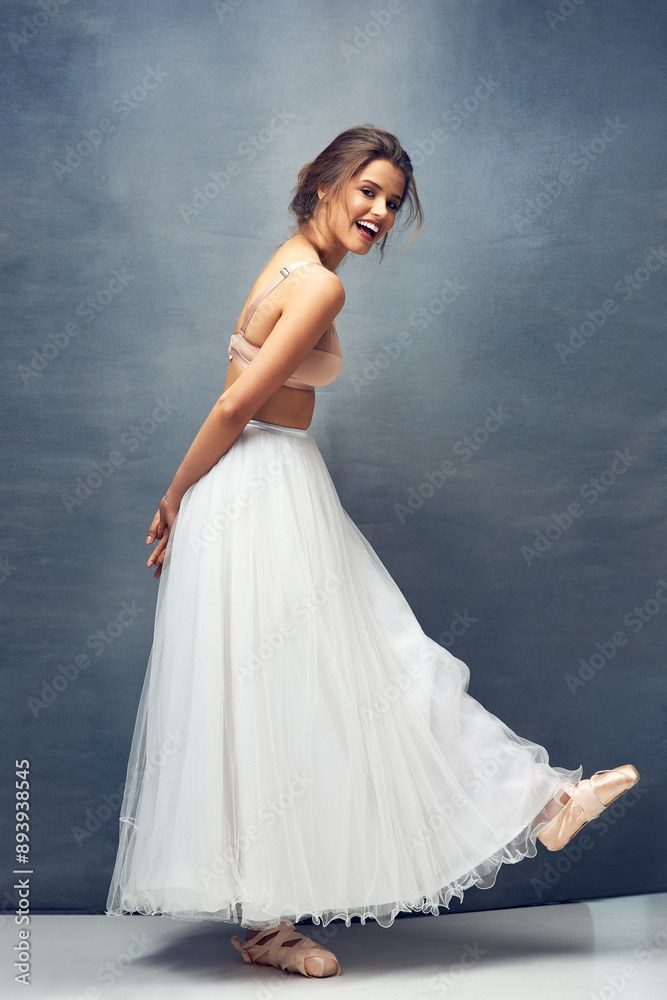 Ballerina, smile and portrait of woman in studio for performance, fashion and contemporary art. Ballet, person and dancer with skirt for classical concert, clothes and confidence on blue background Ballerina, smile and portrait of woman in studio for performance, fashion and contemporary art. Ballet, person and dancer with skirt for classical concert, clothes and confidence on blue background
