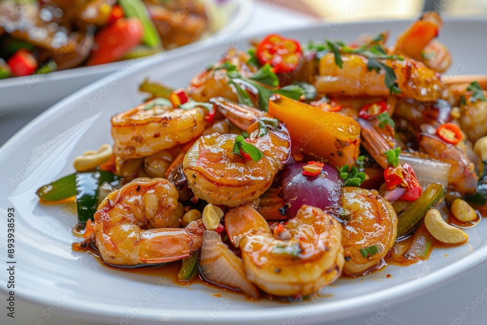 Stir fried crispy shrimp with cashew nuts and sweet pepper in white plate.Thai food not spicy - generative ai Stir fried crispy shrimp with cashew nuts and sweet pepper in white plate.Thai food not spicy - generative ai
