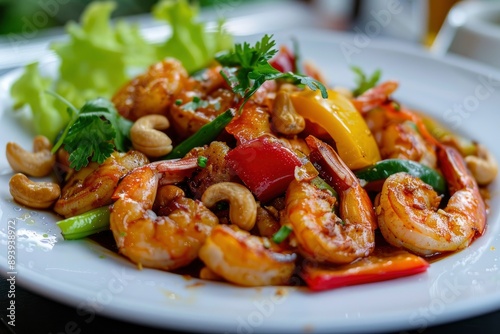 Stir fried crispy shrimp with cashew nuts and sweet pepper in white plate.Thai food not spicy - generative ai © Nia™