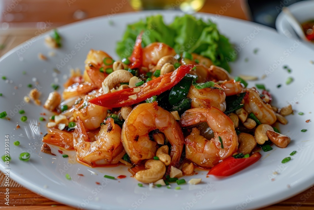Stir fried crispy shrimp with cashew nuts and sweet pepper in white plate.Thai food not spicy - generative ai Stir fried crispy shrimp with cashew nuts and sweet pepper in white plate.Thai food not spicy - generative ai