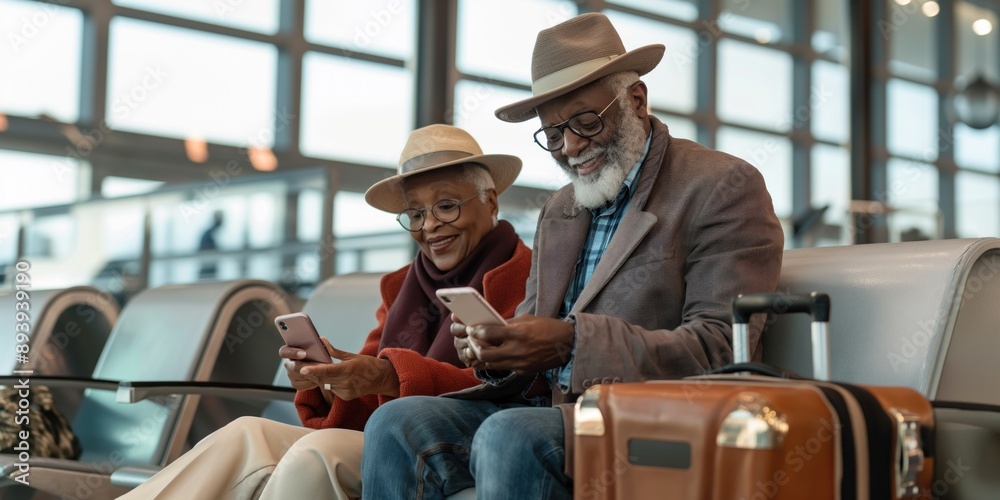 African American senior couple shares moment of connection in airport lounge, engrossed in smartphones. Man, woman sit on gray bench, surrounded by luggage carts, amidst hustle, bustle of travel. African American senior couple shares moment of connection in airport lounge, engrossed in smartphones. Man, woman sit on gray bench, surrounded by luggage carts, amidst hustle, bustle of travel.